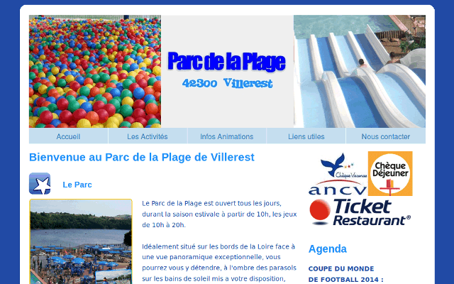 Site vitrine du parc de loisirs Le Parc de la Plage basé au bord du Lac de Villerest. Diaporama, Google Maps, bon de réservation